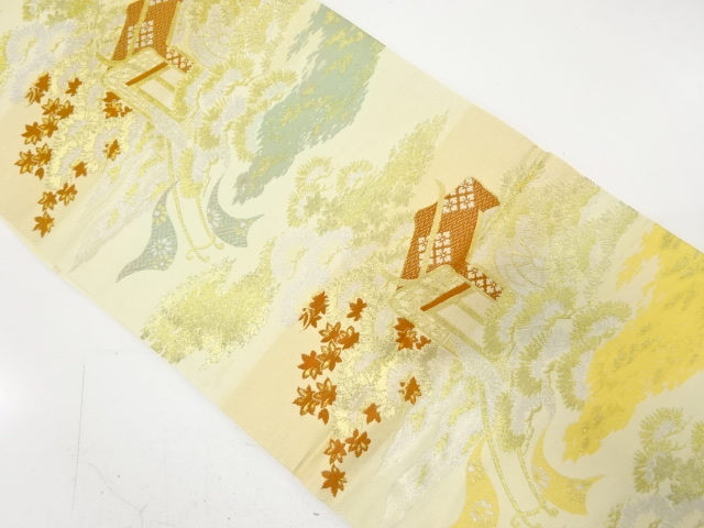 JAPANESE KIMONO / ANTIQUE FUKURO OBI / SILK / WOVEN MIST & CARRIAGE & PINE & AUTUMN LEAVES